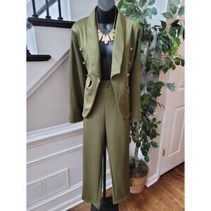 Women's 2 Piece Suit Size L Green Solid Long Sleeve Double Breasted Open Front